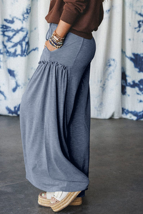Bohemian Ruffle Detail Pocket Flowy Knit Palazzo Lounge Pants